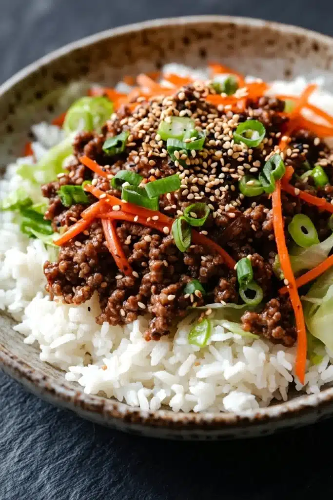 High protein korean beef rice bowl - the image is a close-up of a bowl of food. the bowl is made of ceramic and has a brown rim. the food appears to be a stir-fry dish with a bed of white rice. on top of the rice, there is a mixture of ground beef, sliced carrots, and green onions. the beef is dark brown and looks crispy on the outside. the carrots are bright orange and the onions are bright green. the rice is fluffy and white. the dish is garnished with sesame seeds. the background is dark, making the colors of the food stand out.