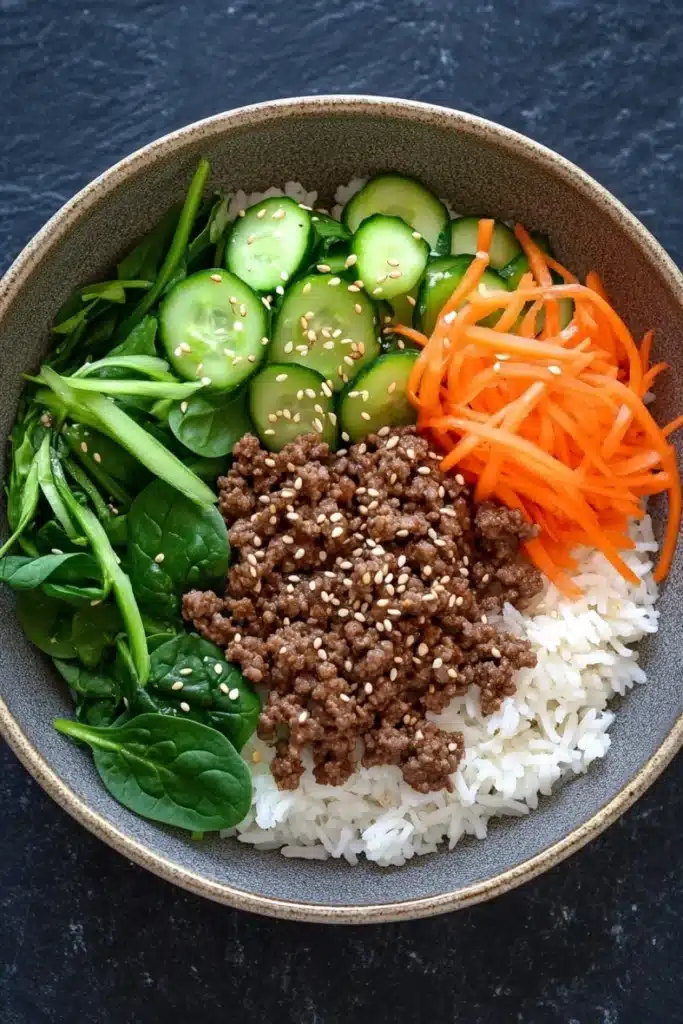High protein korean beef rice bowl - the image is a close-up of a bowl of food. the bowl is made of a light-colored ceramic material and is placed on a dark grey countertop. on top of the bowl, there is a bed of white rice, which appears to be a type of rice dish. on the side of the rice, there are sliced cucumbers, sliced carrots, and a pile of green spinach leaves. in the center of the dish, there appears to have a generous amount of ground beef or minced meat. the dish is garnished with sesame seeds.