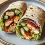 High protein low calorie chicken wraps - the image shows two wraps on a blue plate. the wraps are made of tortilla and are filled with grilled chicken, lettuce, tomato, and red onion. the chicken appears to be seasoned with herbs and spices, and the lettuce is a vibrant green color. the red onion is cut into small cubes and is placed on top of the chicken. the plate is sitting on a wooden table.