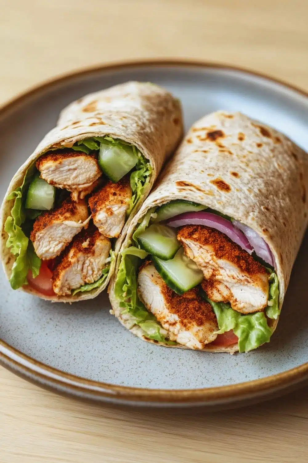 High protein low calorie chicken wraps - the image shows two wraps on a blue plate. the wraps are made of tortilla and are filled with grilled chicken, lettuce, tomato, and red onion. the chicken appears to be seasoned with herbs and spices, and the lettuce is a vibrant green color. the red onion is cut into small cubes and is placed on top of the chicken. the plate is sitting on a wooden table.