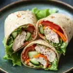 High protein low calorie chicken wraps - the image shows a plate with two wraps on it. the wraps are made of tortilla and are filled with chicken, lettuce, tomato, cucumber, and carrots. the chicken is cut in half and appears to be seasoned with herbs and spices. the lettuce is a bright green color and is scattered around the wraps. the plate is dark and the wraps are arranged neatly on the plate.