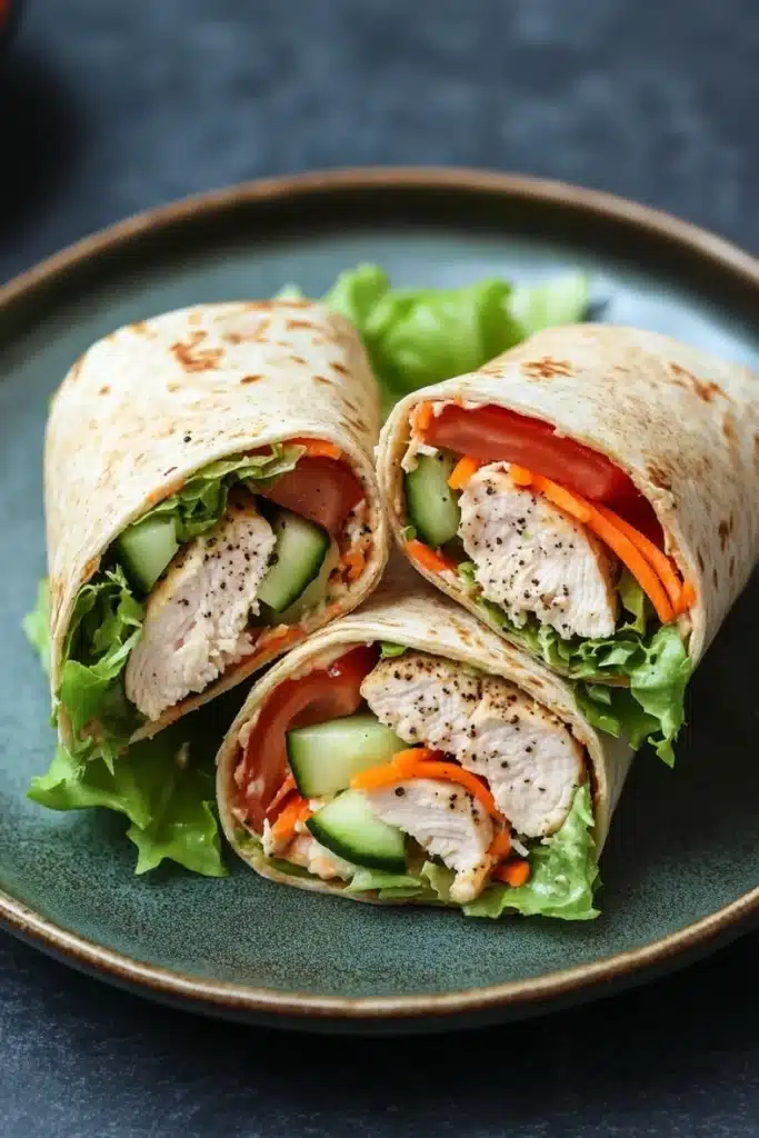 High protein low calorie chicken wraps - the image shows a plate with two wraps on it. the wraps are made of tortilla and are filled with chicken, lettuce, tomato, cucumber, and carrots. the chicken is cut in half and appears to be seasoned with herbs and spices. the lettuce is a bright green color and is scattered around the wraps. the plate is dark and the wraps are arranged neatly on the plate.