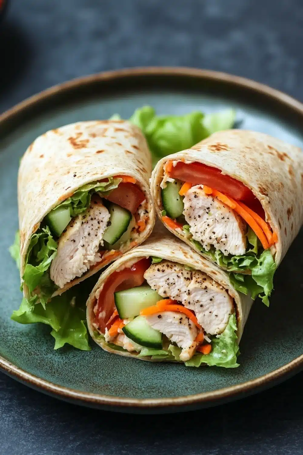 High protein low calorie chicken wraps - the image shows a plate with two wraps on it. the wraps are made of tortilla and are filled with chicken, lettuce, tomato, cucumber, and carrots. the chicken is cut in half and appears to be seasoned with herbs and spices. the lettuce is a bright green color and is scattered around the wraps. the plate is dark and the wraps are arranged neatly on the plate.