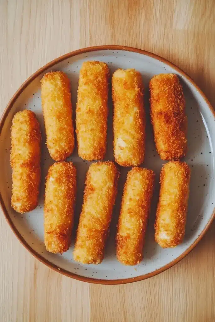 Homemade glutenfree mozzarella sticks - the image shows a plate of nine pieces of breaded fish sticks arranged in a circular pattern on a wooden table. the fish sticks are golden brown in color and appear to be crispy on the outside. they are arranged in two rows of three, with the top row slightly overlapping the bottom row. the plate is white with a light brown rim and has small black speckles around the edges. the background is blurred, but it appears to be a kitchen countertop.