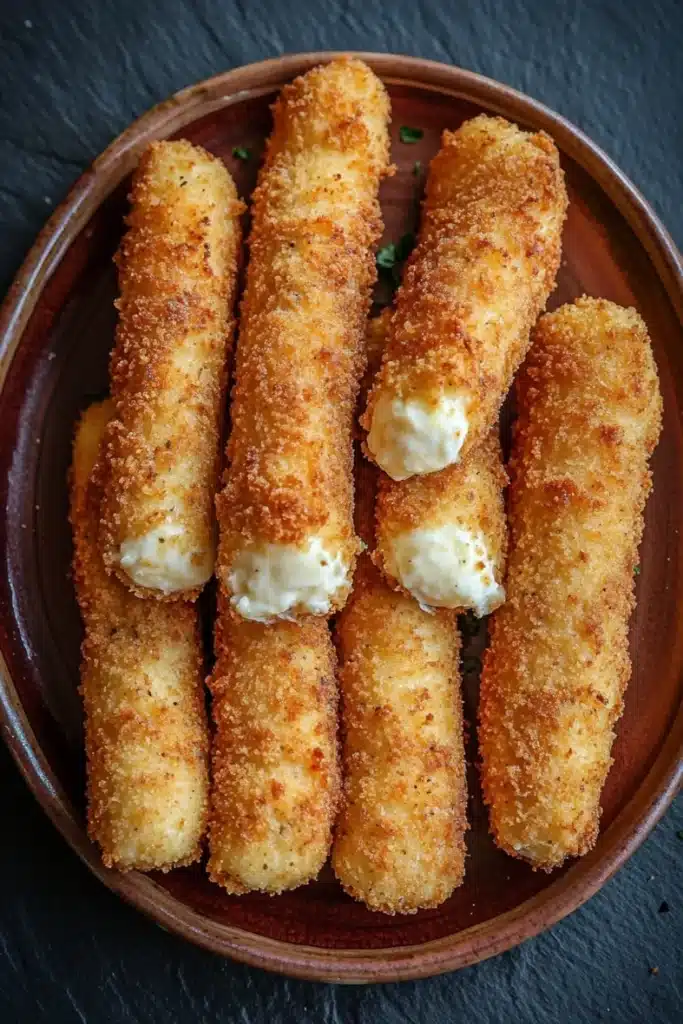 Homemade glutenfree mozzarella sticks - the image shows a brown ceramic plate with six pieces of breaded fish sticks arranged in a circular pattern. the fish sticks are golden brown and appear to be crispy on the outside. they are topped with a dollop of creamy white sauce, which is drizzled over the top. the plate is sitting on a dark grey surface, possibly a table or countertop.
