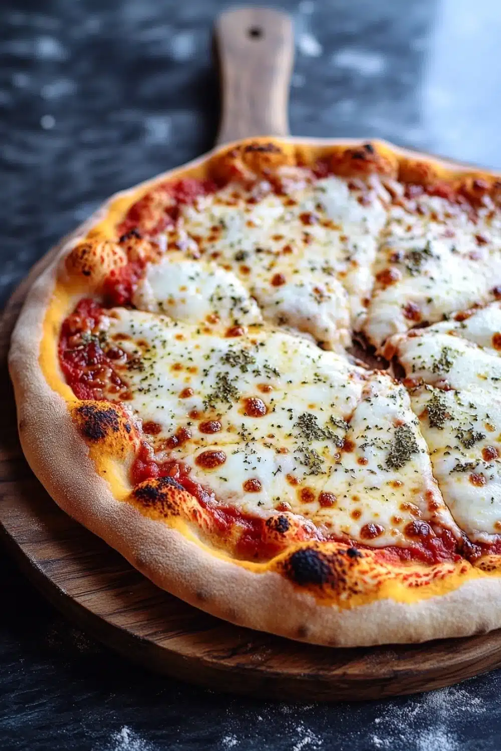 Homemade pizza ingredients - the image is of a freshly baked pizza on a wooden cutting board. the pizza is round and has a golden brown crust. it is topped with melted cheese, red sauce, and various herbs and spices. the cheese is melted and bubbly, and there are small pieces of tomato sauce scattered throughout the pizza. the cutting board is placed on a dark grey countertop, and the background is blurred, making the pizza the focal point of the image.