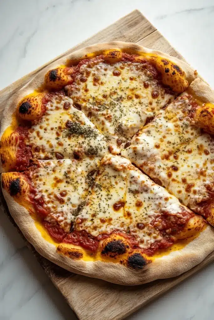 Homemade pizza ingredients - the image is of a freshly baked pizza on a wooden cutting board. the pizza is round and has a golden brown crust. it is topped with melted cheese, red sauce, and small black olives. the cheese is melted and bubbly, and there are small pieces of herbs scattered throughout the pizza. the cutting board is placed on a white marble countertop.