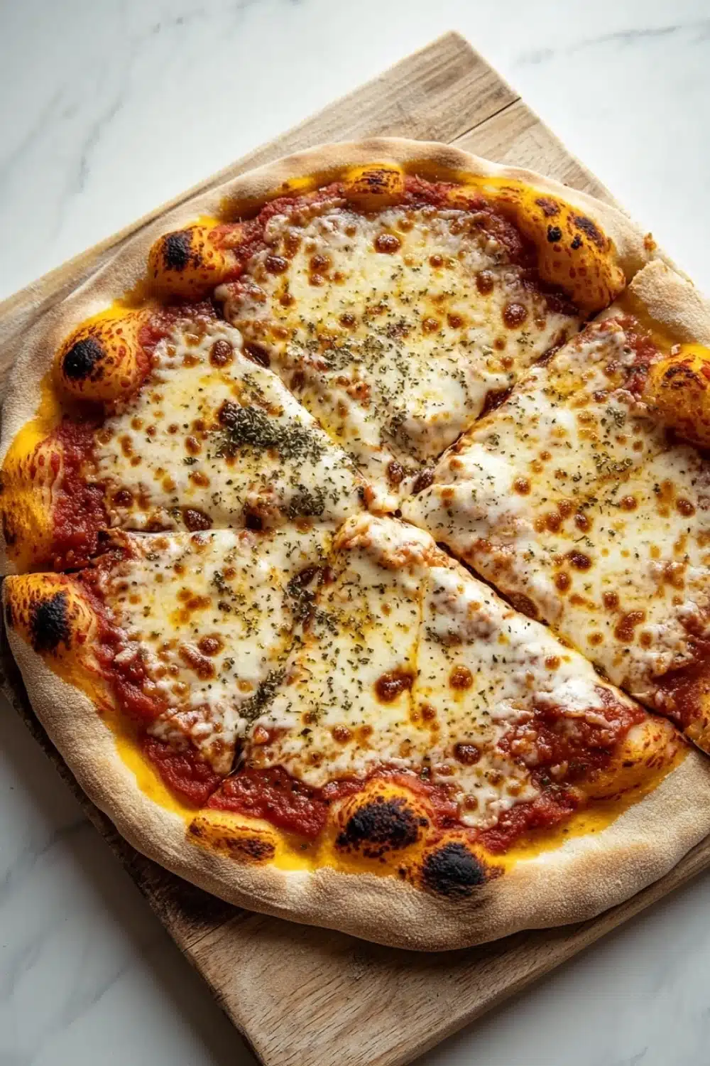 Homemade pizza ingredients - the image is of a freshly baked pizza on a wooden cutting board. the pizza is round and has a golden brown crust. it is topped with melted cheese, red sauce, and small black olives. the cheese is melted and bubbly, and there are small pieces of herbs scattered throughout the pizza. the cutting board is placed on a white marble countertop.