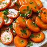 Honey glazed carrots on stove - the image shows a plate of cooked carrots. the carrots are bright orange in color and appear to be seasoned with herbs and spices. they are arranged in a circular pattern on the plate, with some overlapping each other. the plate is white with a speckled pattern and is sitting on a wooden table. the background is blurred, but it appears to be a kitchen countertop.