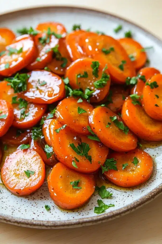 Honey glazed carrots on stove - the image shows a plate of cooked carrots. the carrots are bright orange in color and appear to be seasoned with herbs and spices. they are arranged in a circular pattern on the plate, with some overlapping each other. the plate is white with a speckled pattern and is sitting on a wooden table. the background is blurred, but it appears to be a kitchen countertop.