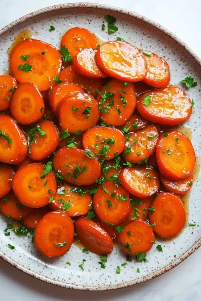 Honey glazed carrots on stove - the image shows a plate of sliced carrots on a white marble countertop. the carrots are bright orange in color and appear to be cooked until they are soft and tender. they are arranged in a circular pattern on the plate, with some overlapping each other. the plate is garnished with chopped parsley, adding a pop of green color to the dish. the background is blurred, making the carrots the focal point of the image.