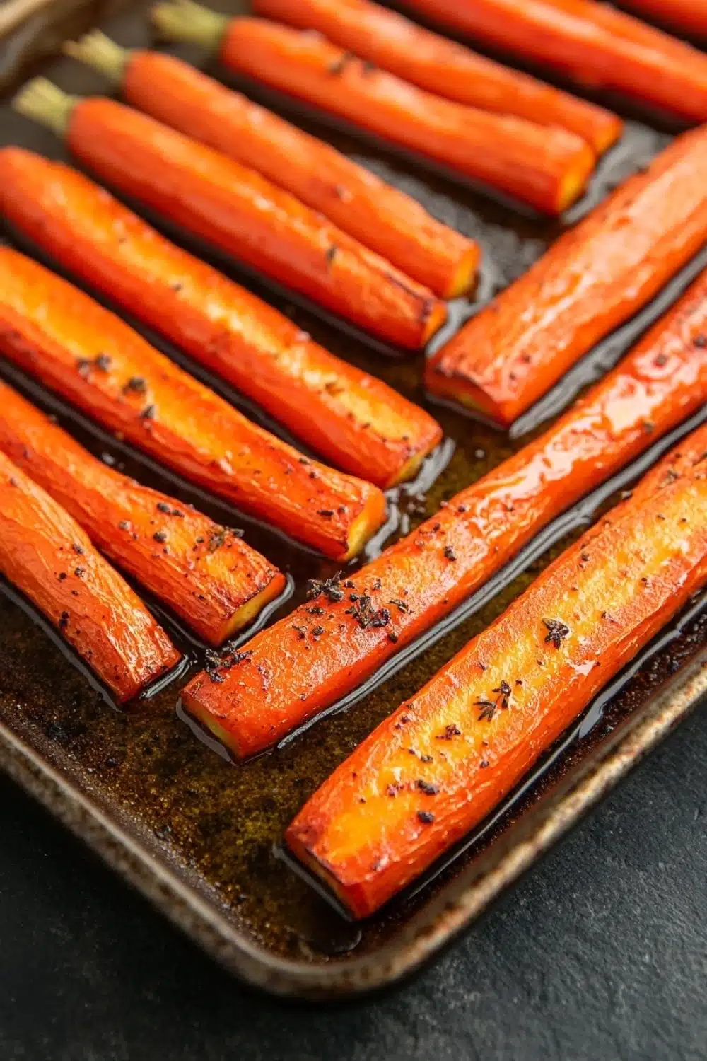 Honey glazed carrots oven roasted - the image shows a tray of cooked carrots on a black surface. the carrots are long and slender, with a golden-brown color and appear to be seasoned with herbs and spices. they are arranged in a single layer on the tray, with some overlapping each other. the tray is lined with parchment paper, and the carrots are glazed with a dark sauce. the background is blurred, but it appears to be a kitchen countertop.