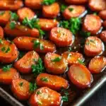 Honey glazed carrots oven roasted - the image shows a baking tray filled with roasted carrots. the carrots are bright orange in color and appear to be seasoned with herbs and spices. the tray is lined with parchment paper and is placed on a wooden table. the background is blurred, but it appears to be a kitchen countertop. the overall mood of the image is warm and inviting.