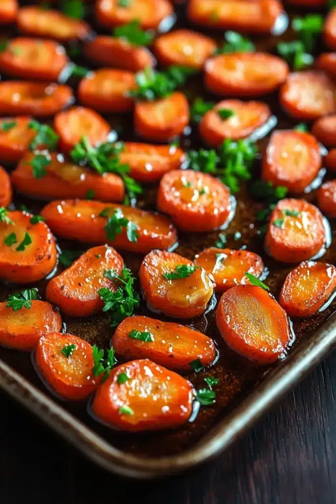 Honey glazed carrots oven roasted - the image shows a baking tray filled with roasted carrots. the carrots are bright orange in color and appear to be seasoned with herbs and spices. the tray is lined with parchment paper and is placed on a wooden table. the background is blurred, but it appears to be a kitchen countertop. the overall mood of the image is warm and inviting.