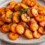 Honey glazed carrots with thyme - the image shows a plate of roasted carrots on a white wooden table. the carrots are orange in color and have a crispy texture. they are arranged in a circular pattern on the plate, with some overlapping each other. there are also some sprigs of fresh herbs scattered throughout the dish, adding a pop of green color to the plate. the plate is made of light-colored wood and has a textured surface. the background is blurred, making the carrots the focal point of the image.