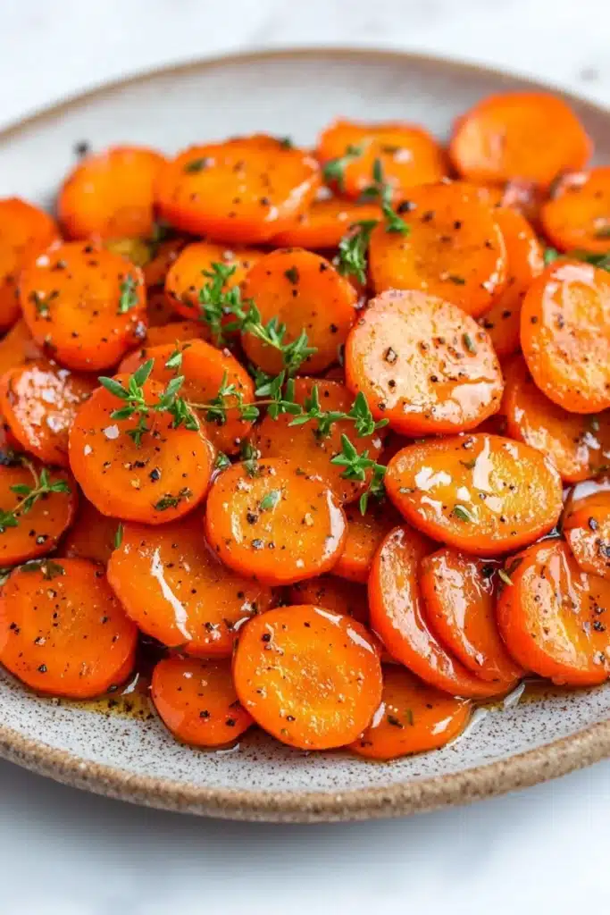 Honey glazed carrots with thyme - the image shows a plate of cooked carrots. the carrots are bright orange in color and appear to be seasoned with herbs and spices. they are arranged in a circular pattern on the plate, with some overlapping each other. the plate is made of light-colored ceramic and has a speckled texture. the background is blurred, but it appears to be a white countertop.