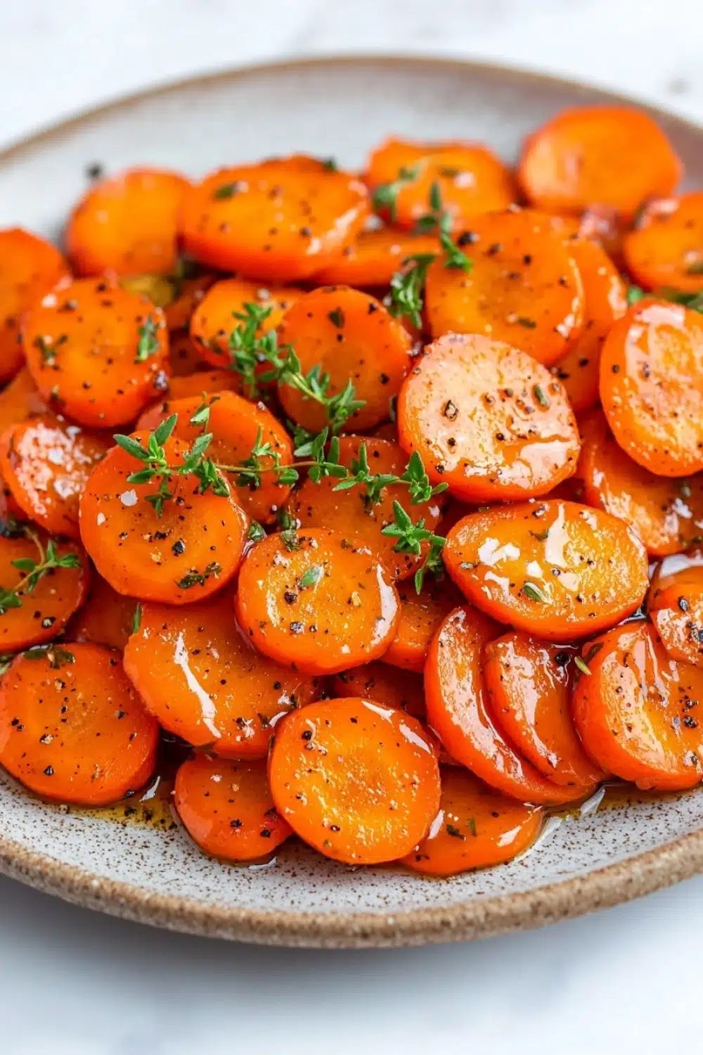 Honey glazed carrots with thyme - the image shows a plate of cooked carrots. the carrots are bright orange in color and appear to be seasoned with herbs and spices. they are arranged in a circular pattern on the plate, with some overlapping each other. the plate is made of light-colored ceramic and has a speckled texture. the background is blurred, but it appears to be a white countertop.