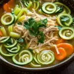Instant pot chicken zucchini noodle soup - the image is a close-up of a bowl of soup. the soup appears to be made with chicken, zucchini, carrots, and other vegetables. the bowl is made of ceramic and has a dark brown color. the broth is thick and creamy, and the vegetables are arranged in a circular pattern around the bowl. there is a sprig of parsley on top of the soup, adding a pop of green color to the dish. the background is blurred, but it seems to be a wooden table or countertop.