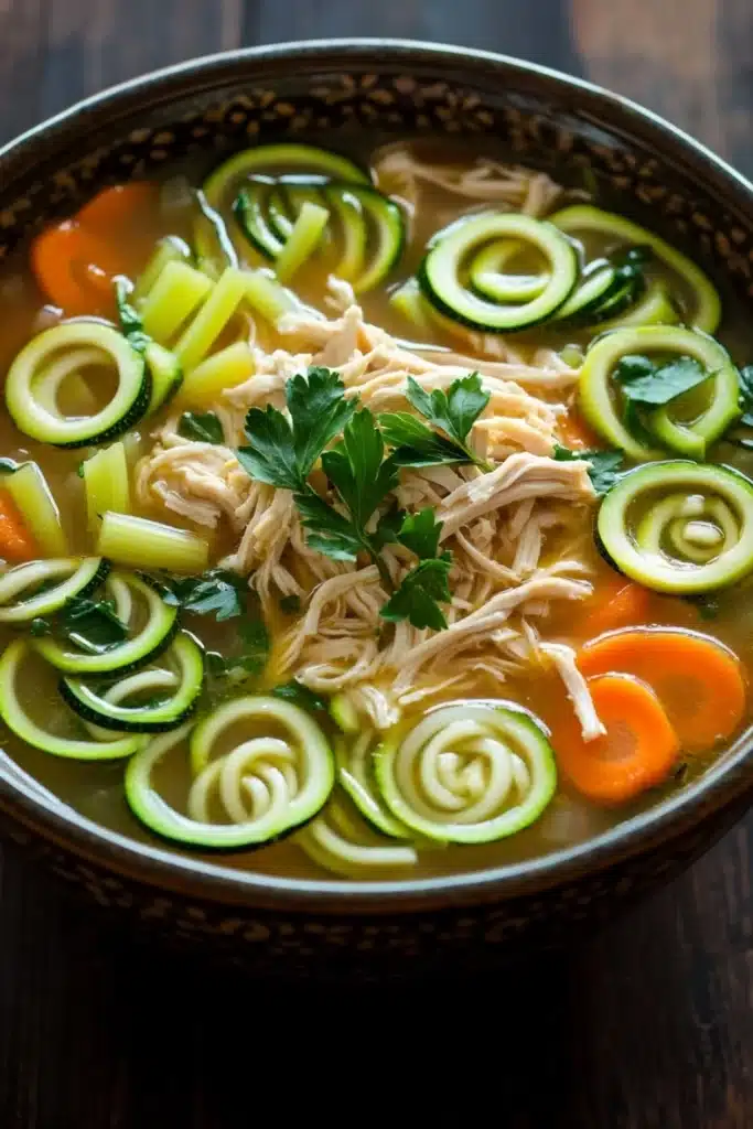 Instant pot chicken zucchini noodle soup - the image is a close-up of a bowl of soup. the soup appears to be made with chicken, zucchini, carrots, and other vegetables. the bowl is made of ceramic and has a dark brown color. the broth is thick and creamy, and the vegetables are arranged in a circular pattern around the bowl. there is a sprig of parsley on top of the soup, adding a pop of green color to the dish. the background is blurred, but it seems to be a wooden table or countertop.