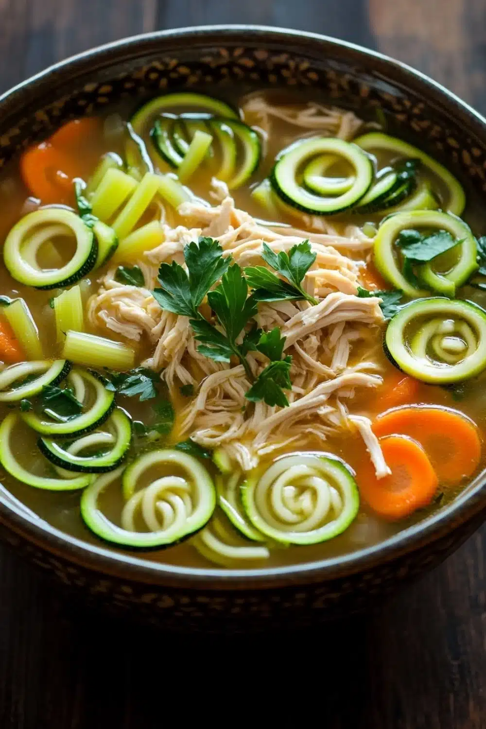 Instant pot chicken zucchini noodle soup - the image is a close-up of a bowl of soup. the soup appears to be made with chicken, zucchini, carrots, and other vegetables. the bowl is made of ceramic and has a dark brown color. the broth is thick and creamy, and the vegetables are arranged in a circular pattern around the bowl. there is a sprig of parsley on top of the soup, adding a pop of green color to the dish. the background is blurred, but it seems to be a wooden table or countertop.
