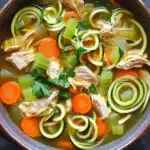 Instant pot chicken zucchini noodle soup - the image is a close-up of a bowl of soup. the soup appears to be a vegetable soup with chunks of chicken, zucchini, carrots, and celery. the broth is a light brown color and is thick and creamy. the vegetables are arranged in a circular pattern around the chicken, with some of them overlapping each other. there are also some sprigs of parsley scattered throughout the soup, adding a pop of green color to the dish. the bowl is made of ceramic and is sitting on a dark grey surface.