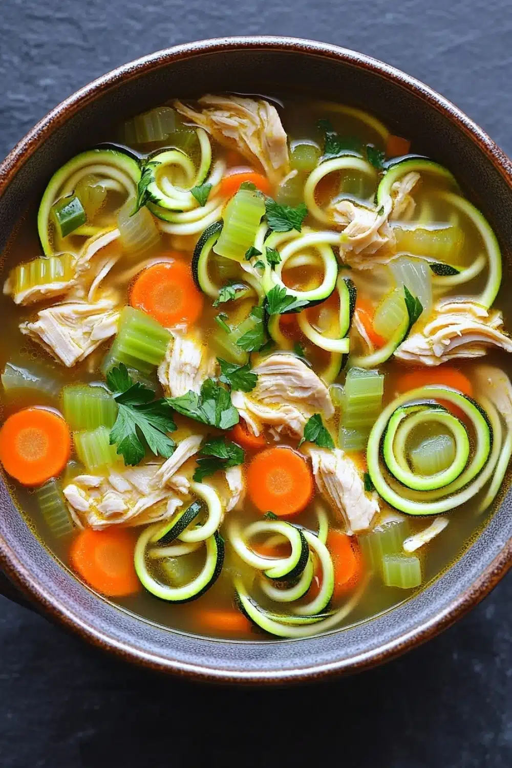 Instant pot chicken zucchini noodle soup - the image is a close-up of a bowl of soup. the soup appears to be a vegetable soup with chunks of chicken, zucchini, carrots, and celery. the broth is a light brown color and is thick and creamy. the vegetables are arranged in a circular pattern around the chicken, with some of them overlapping each other. there are also some sprigs of parsley scattered throughout the soup, adding a pop of green color to the dish. the bowl is made of ceramic and is sitting on a dark grey surface.