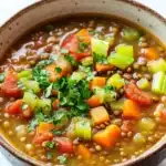 Italian lentil soup - the image is a close-up of a bowl of soup. the soup appears to be a lentil soup with chunks of carrots, celery, and other vegetables mixed in. the bowl is made of ceramic and has a brown rim. there is a sprig of parsley on top of the soup, adding a pop of green color to the dish. the background is a white marble countertop.