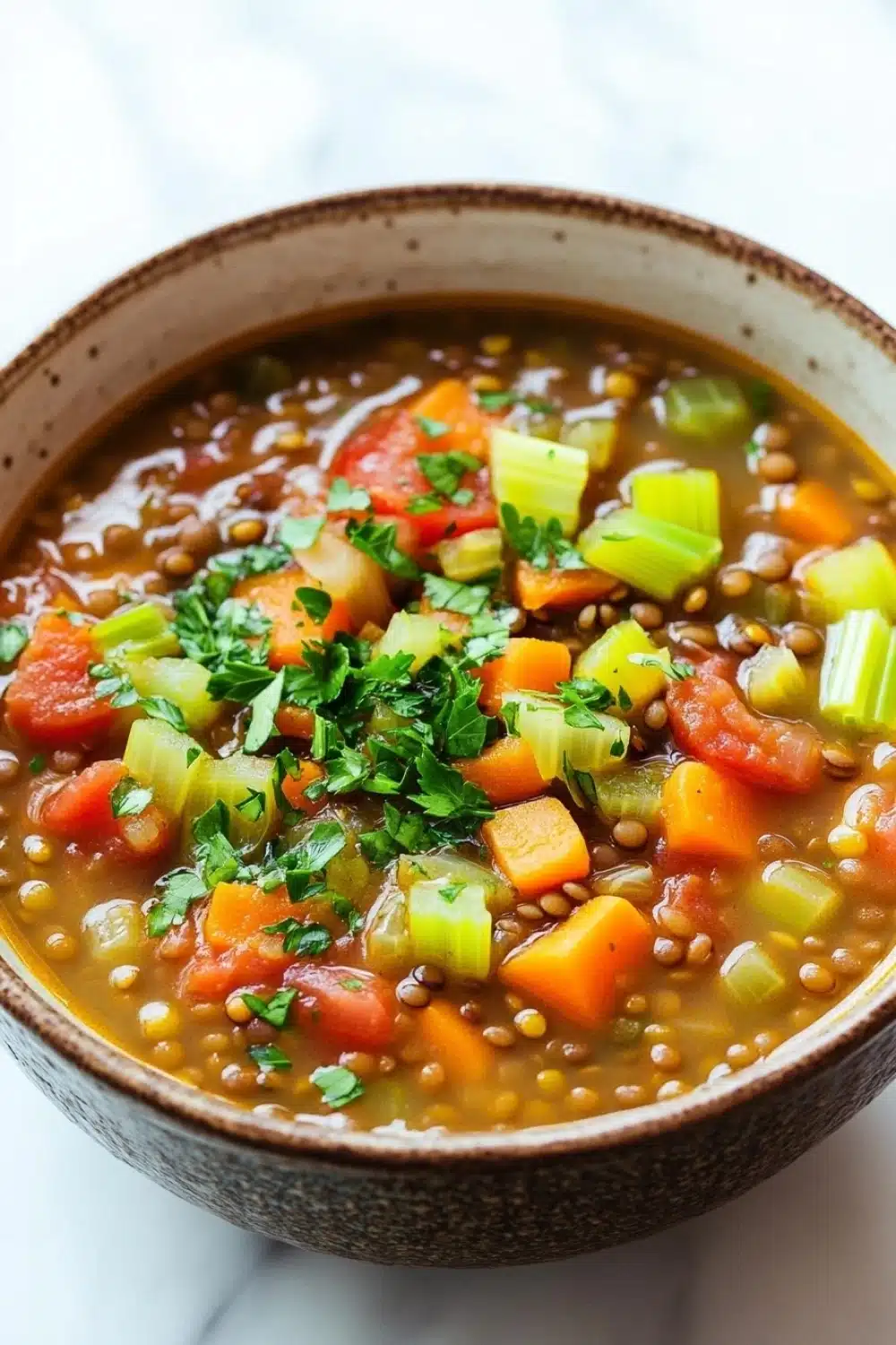 Italian lentil soup - the image is a close-up of a bowl of soup. the soup appears to be a lentil soup with chunks of carrots, celery, and other vegetables mixed in. the bowl is made of ceramic and has a brown rim. there is a sprig of parsley on top of the soup, adding a pop of green color to the dish. the background is a white marble countertop.