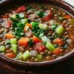 Italian lentil soup - the image is a close-up of a bowl of soup. the soup appears to be made with lentils, carrots, celery, and other vegetables. the bowl is made of dark brown ceramic and is sitting on a wooden table. there are also some fresh herbs scattered throughout the soup, including parsley and cilantro. the background is blurred, but it seems to be a kitchen countertop.
