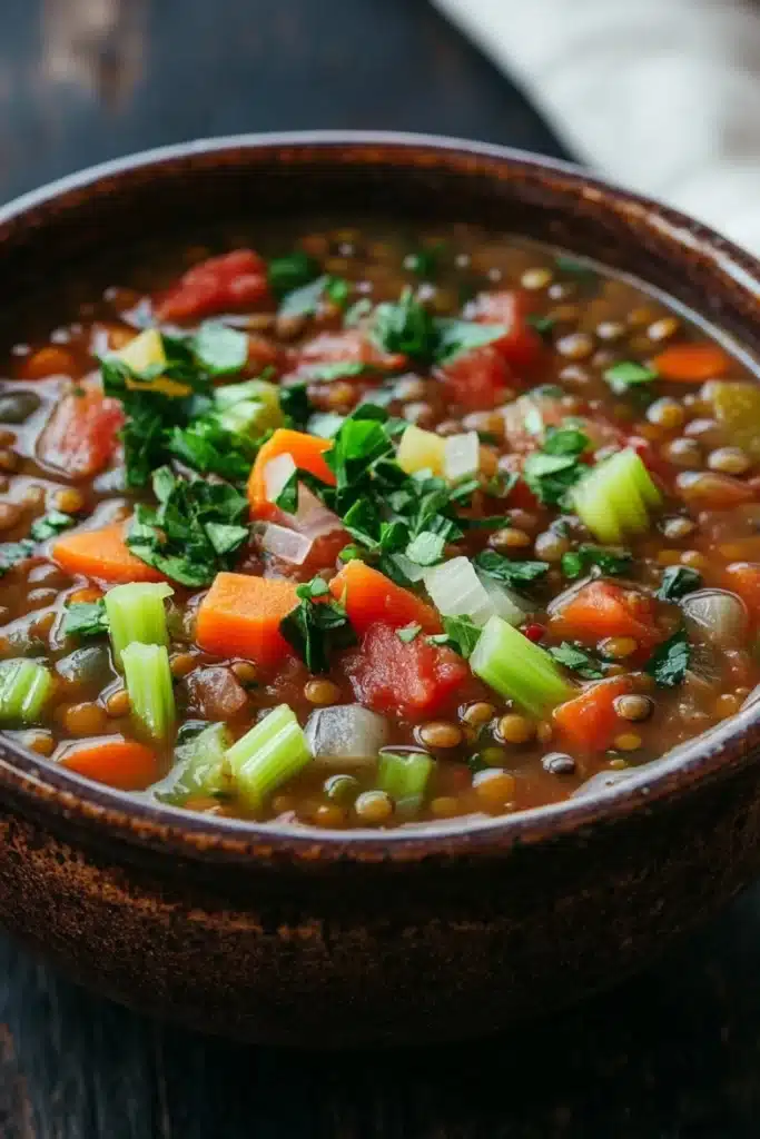 Italian lentil soup - the image is a close-up of a bowl of soup. the soup appears to be made with lentils, carrots, celery, and other vegetables. the bowl is made of dark brown ceramic and is sitting on a wooden table. there are also some fresh herbs scattered throughout the soup, including parsley and cilantro. the background is blurred, but it seems to be a kitchen countertop.