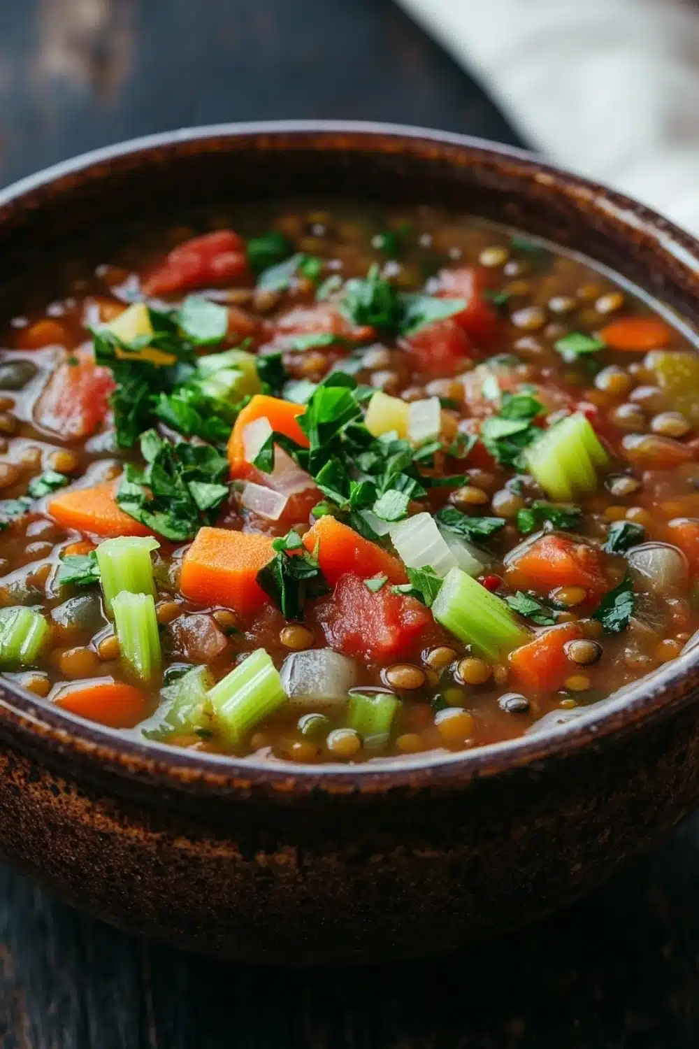 Italian lentil soup - the image is a close-up of a bowl of soup. the soup appears to be made with lentils, carrots, celery, and other vegetables. the bowl is made of dark brown ceramic and is sitting on a wooden table. there are also some fresh herbs scattered throughout the soup, including parsley and cilantro. the background is blurred, but it seems to be a kitchen countertop.