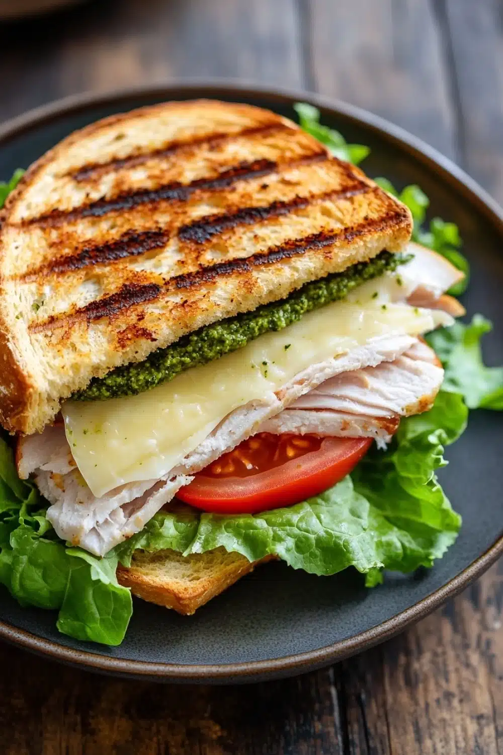 Italian sandwich panini - the image shows a sandwich on a black plate. the sandwich is made with two slices of toasted bread, filled with grilled chicken, cheese, and a generous helping of green pesto sauce. the chicken is cut into thin slices and is arranged in a circular pattern on top of the cheese. the cheese is melted and bubbly, and the pesto is a vibrant green color. the plate is sitting on a wooden table with a blurred background.