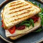 Italian sandwich panini - the image shows a sandwich on a blue plate. the sandwich is made with two slices of toasted bread, which are golden brown and appear to be crispy on the outside. the inside of the sandwich is filled with sliced ham, sliced tomatoes, and a dollop of melted cheese. there are also some fresh arugula leaves scattered around the plate, adding a pop of green color to the dish. the plate is sitting on a dark grey countertop.