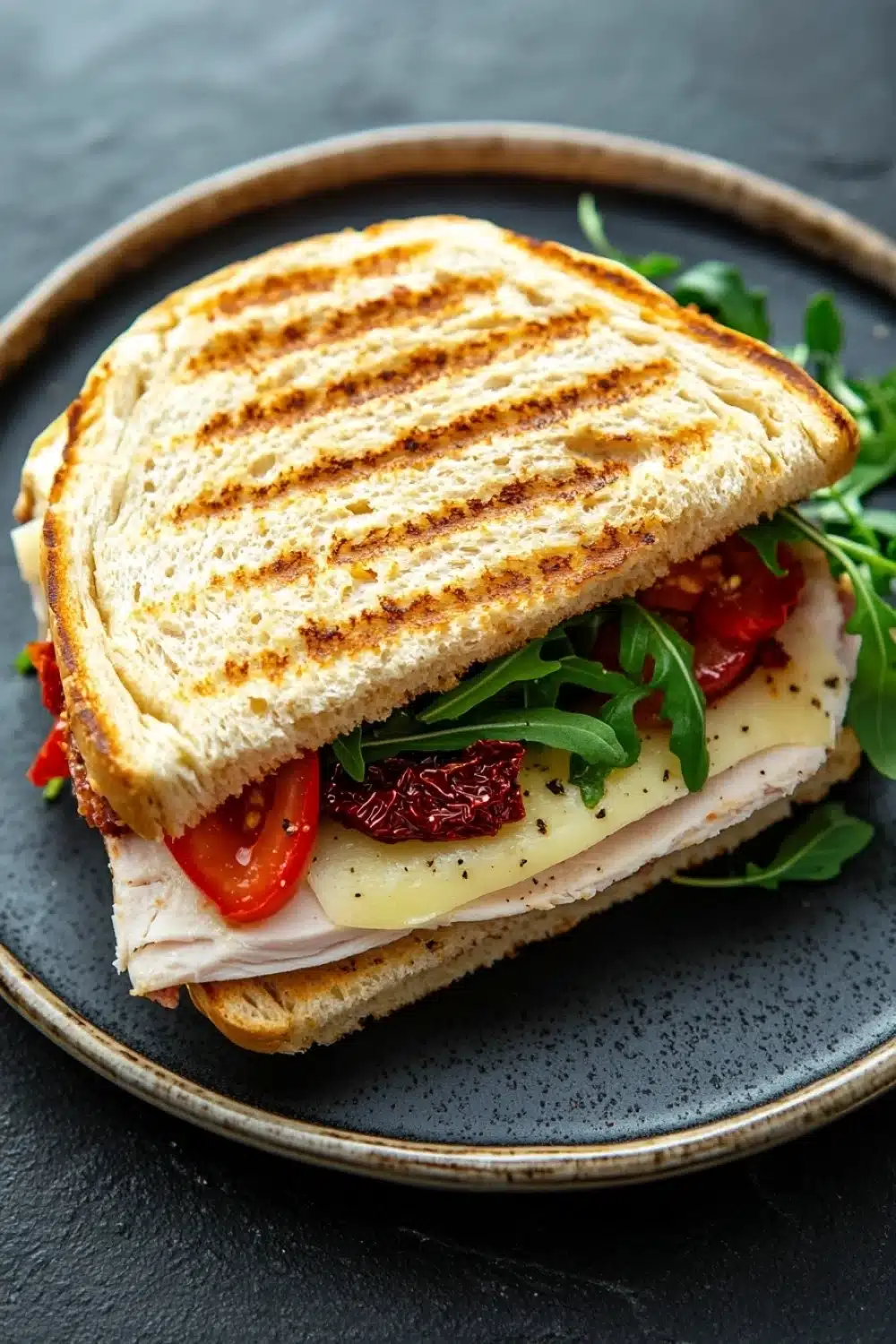 Italian sandwich panini - the image shows a sandwich on a blue plate. the sandwich is made with two slices of toasted bread, which are golden brown and appear to be crispy on the outside. the inside of the sandwich is filled with sliced ham, sliced tomatoes, and a dollop of melted cheese. there are also some fresh arugula leaves scattered around the plate, adding a pop of green color to the dish. the plate is sitting on a dark grey countertop.