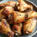 Keto chicken wing air fryer - the image shows a plate of chicken wings on a wooden table. the wings are golden brown and appear to be seasoned with herbs and spices. they are arranged in a circular pattern on the plate, with some overlapping each other. the plate is light blue with a speckled pattern, and there are small green onions scattered around the plate. the background is blurred, but it appears to be a rustic wooden table with a few sprigs of parsley scattered around.