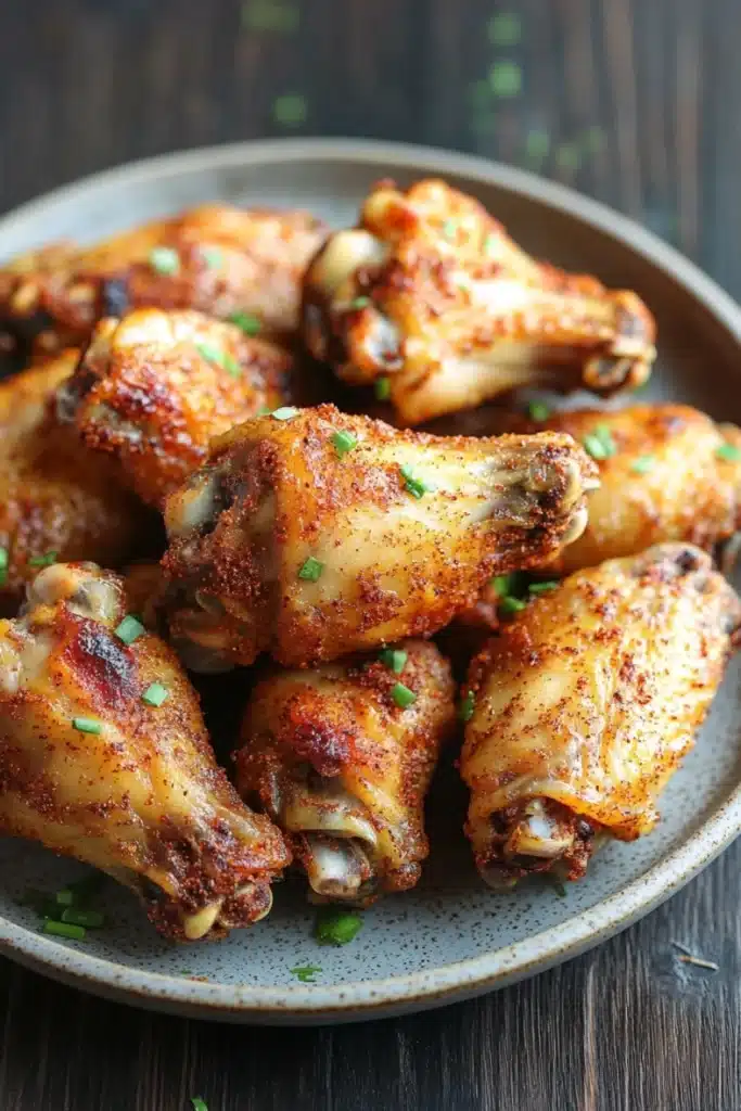 Keto chicken wing air fryer - the image shows a plate of chicken wings on a wooden table. the wings are golden brown and appear to be seasoned with herbs and spices. they are arranged in a circular pattern on the plate, with some overlapping each other. the plate is light blue with a speckled pattern, and there are small green onions scattered around the plate. the background is blurred, but it appears to be a rustic wooden table with a few sprigs of parsley scattered around.