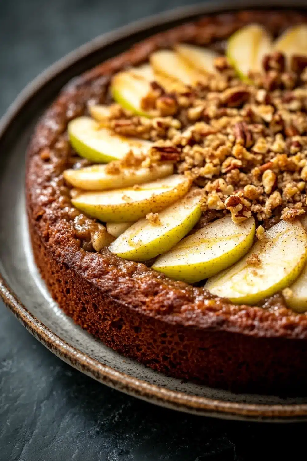 Keto german apple cake - the image is of a round cake on a black plate. the cake appears to be a chocolate tart with a golden brown crust. on top of the cake, there are several sliced pears arranged in a circular pattern. the pears are cut into thin slices and are arranged in an overlapping manner. the top of each pear is sprinkled with chopped nuts, giving the cake a crunchy texture. the plate is sitting on a dark grey countertop.
