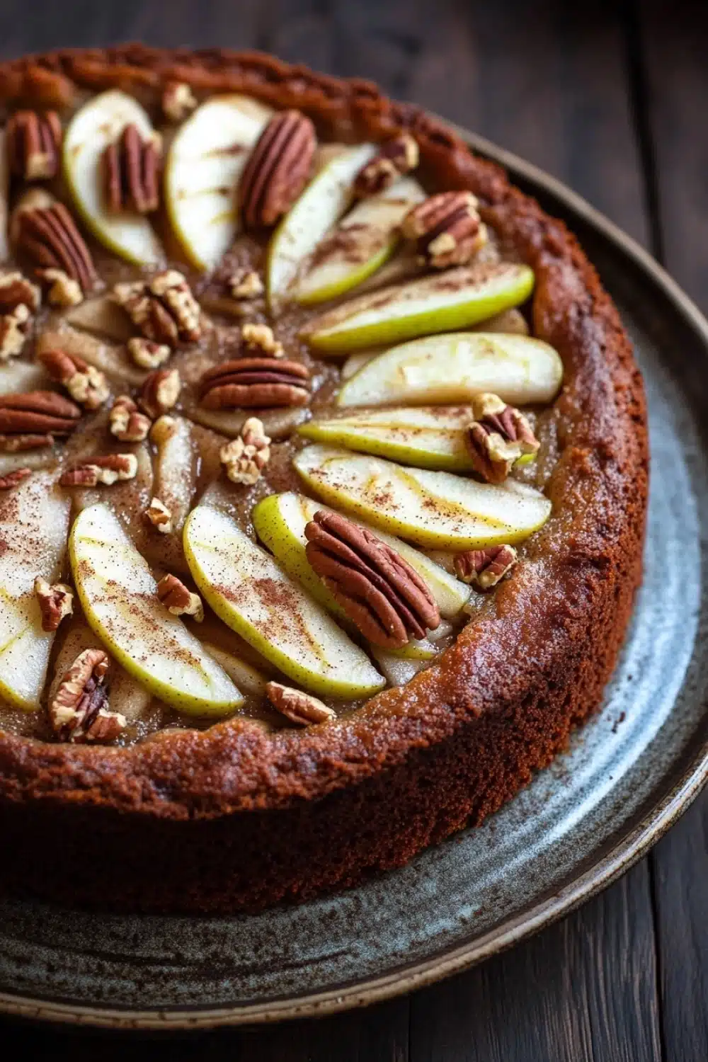 Keto german apple cake - the image is of a round cake on a black plate. the cake appears to be a chocolate tart with a golden brown crust. on top of the tart, there are sliced pears arranged in a circular pattern. the pears are cut into thin slices and are arranged in an even layer on top. there are also some pecans scattered throughout the tart. the plate is sitting on a wooden table.