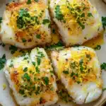 Lemon butter baked cod - the image shows four pieces of fish fillets on a beige plate. the fillets are golden brown and appear to be seasoned with herbs and spices. they are arranged in a circular pattern on the plate, with some overlapping each other. the plate is garnished with a sprig of fresh parsley. the background is dark, making the plate and fillets stand out.