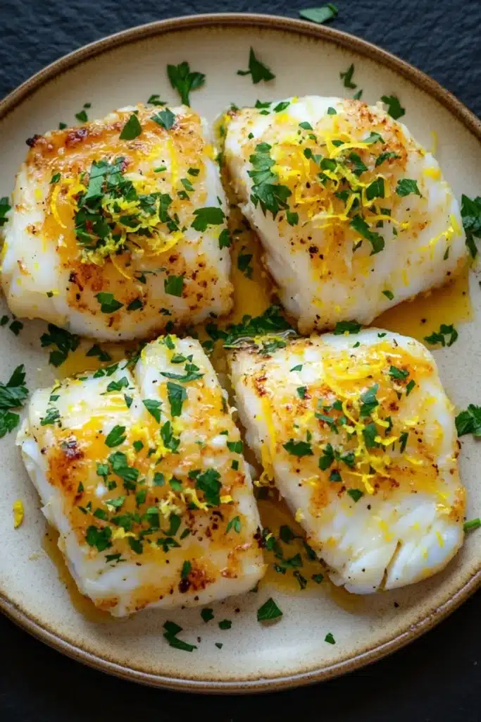 Lemon butter baked cod - the image shows four pieces of fish fillets on a beige plate. the fillets are golden brown and appear to be seasoned with herbs and spices. they are arranged in a circular pattern on the plate, with some overlapping each other. the plate is garnished with a sprig of fresh parsley. the background is dark, making the plate and fillets stand out.