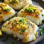 Lemon butter baked cod - the image shows a plate of four pieces of fish fillets on a dark brown plate. the fillets are golden brown and appear to be seasoned with herbs and spices. the plate is garnished with a sprig of parsley and a slice of lemon. the background is blurred, but it appears to be a wooden table or countertop. the overall presentation of the dish is elegant and appetizing.
