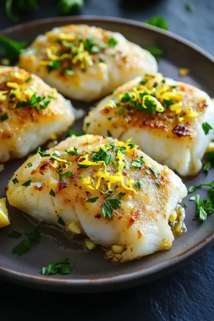Lemon butter baked cod - the image shows a plate of four pieces of fish fillets on a dark brown plate. the fillets are golden brown and appear to be seasoned with herbs and spices. the plate is garnished with a sprig of parsley and a slice of lemon. the background is blurred, but it appears to be a wooden table or countertop. the overall presentation of the dish is elegant and appetizing.