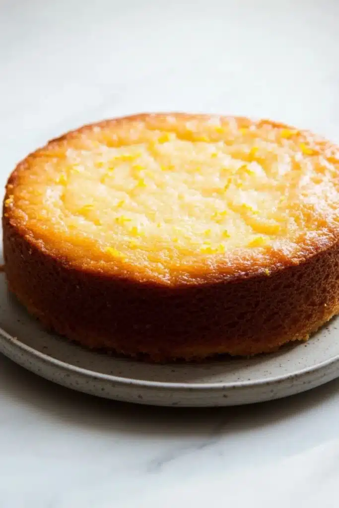 Lemon cake layer - the image is of a round cake on a white plate. the cake appears to be freshly baked and has a golden brown crust on top. the top of the cake is covered in a layer of yellow sugar, which is sprinkled with small orange zest. the plate is round and white, and the cake looks moist and fluffy. the background is a plain white surface.