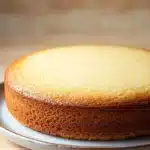 Lemon cake layer - the image is a close-up of a round cake on a white plate. the cake appears to be freshly baked and has a golden-brown crust on top. the plate is placed on a wooden table with a blurred background. the focus of the image is on the cake, which is the only object in the frame.
