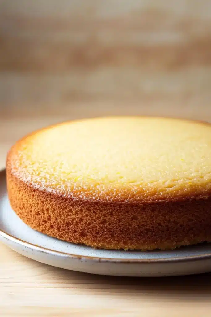 Lemon cake layer - the image is a close-up of a round cake on a white plate. the cake appears to be freshly baked and has a golden-brown crust on top. the plate is placed on a wooden table with a blurred background. the focus of the image is on the cake, which is the only object in the frame.
