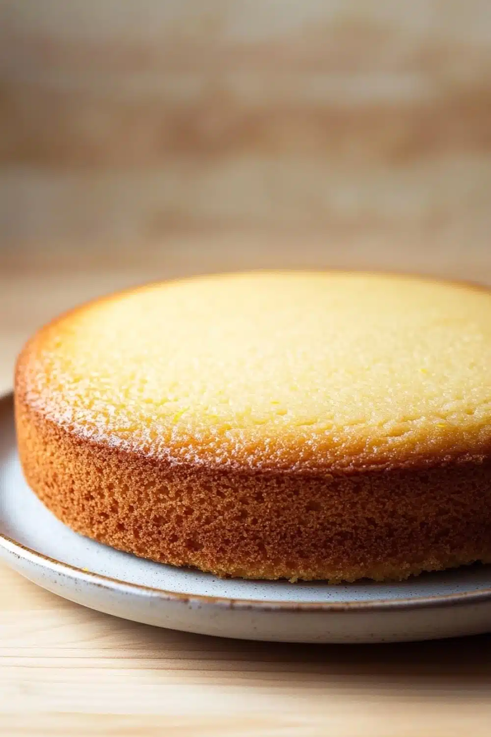 Lemon cake layer - the image is a close-up of a round cake on a white plate. the cake appears to be freshly baked and has a golden-brown crust on top. the plate is placed on a wooden table with a blurred background. the focus of the image is on the cake, which is the only object in the frame.