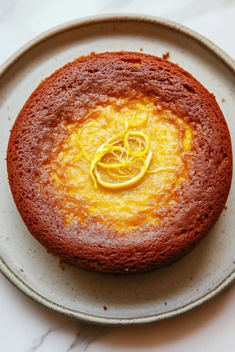 Lemon cake low sugar - the image is a close-up of a round cake on a white plate. the cake appears to be a chocolate cake with a golden brown crust on top. the top of the cake is covered in a layer of orange-colored frosting, which is drizzled with a yellow lemon zest. the frosting is smooth and shiny, and the cake looks moist and fluffy. the plate is round and has a light blue rim. the background is a white marble countertop.