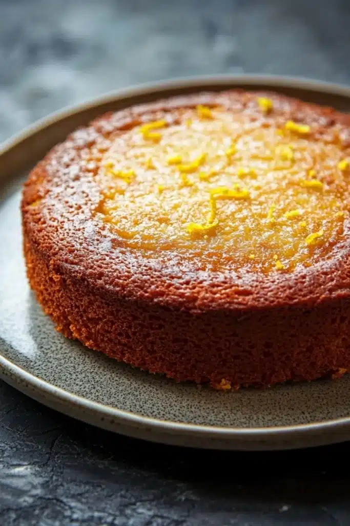 Lemon cake low sugar - the image is a close-up of a round cake on a gray plate. the cake appears to be freshly baked and has a golden brown crust on top. the top of the cake is covered in a light dusting of powdered sugar, giving it a shiny appearance. there are small yellow zigzag lines scattered across the cake, adding a pop of color to the overall appearance. the plate is sitting on a dark, textured surface, possibly a table or countertop.