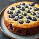 Lemon cake with blueberries - the image is of a round cake on a gray plate. the cake appears to be a blueberry cake with a golden brown crust and a layer of blueberries on top. the blueberries are arranged in a circular pattern on the top of the cake, with some of them overlapping each other. the plate is placed on a dark grey countertop. the background is blurred, making the cake the focal point of the image.