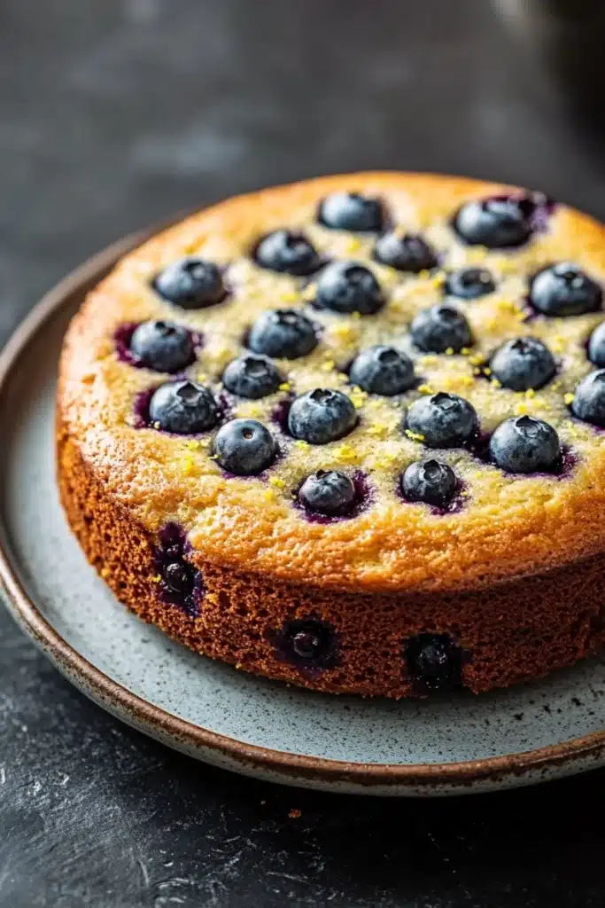 Lemon cake with blueberries - the image is of a round cake on a gray plate. the cake appears to be a blueberry cake with a golden brown crust and a layer of blueberries on top. the blueberries are arranged in a circular pattern on the top of the cake, with some of them overlapping each other. the plate is placed on a dark grey countertop. the background is blurred, making the cake the focal point of the image.